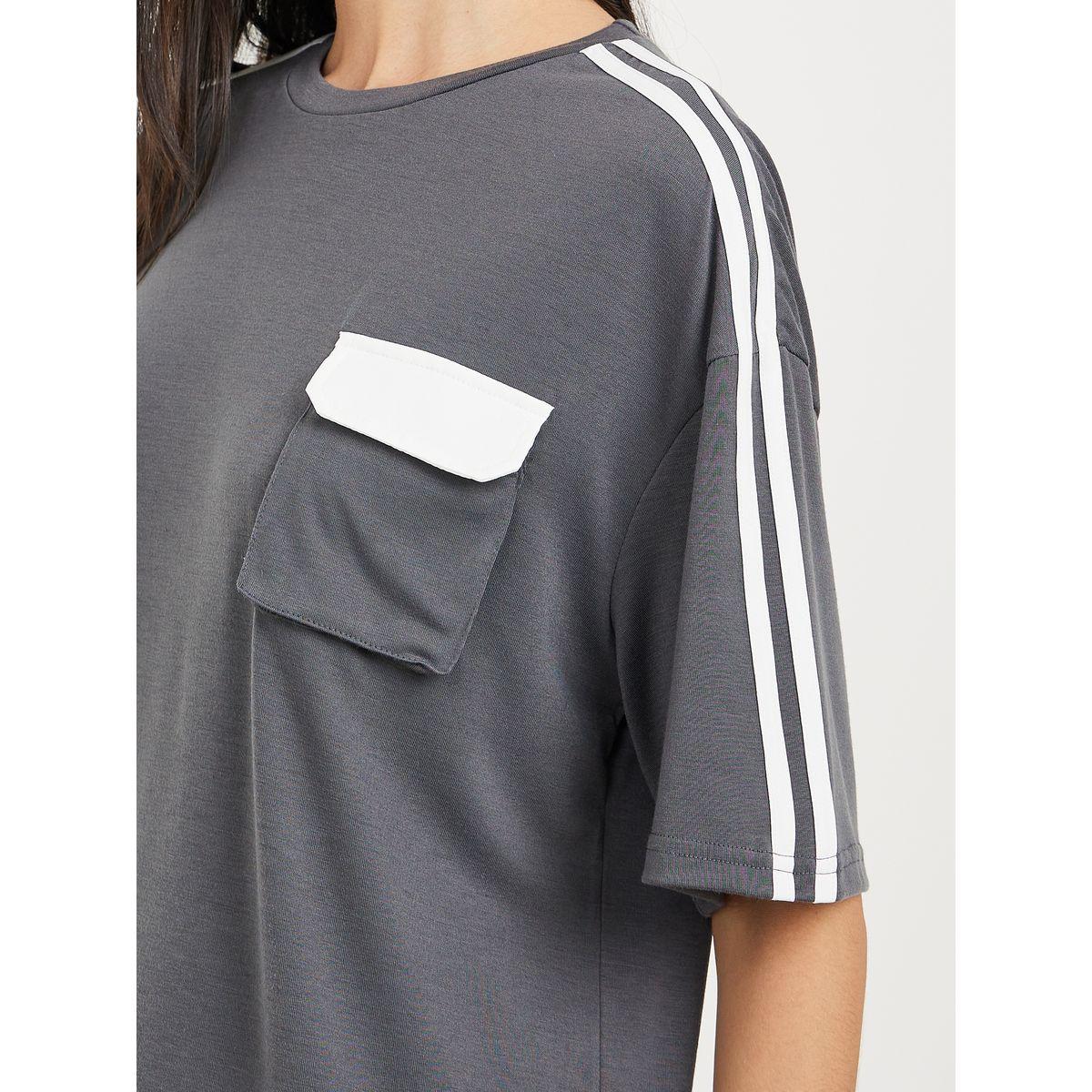 Styli Oversized Stripe Detail T-Shirt with Contrast Flap Pocket-women-clothing-tshirts-image-3