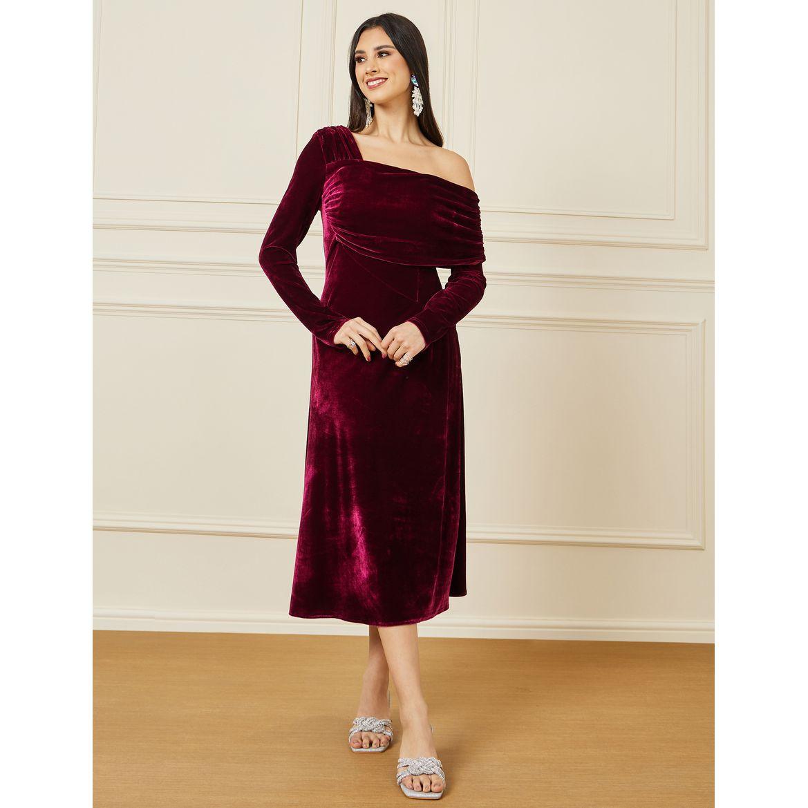 Styli Velvet Gathered Off Shoulder Neck Midi Dress-women-clothing-dresses-image-1