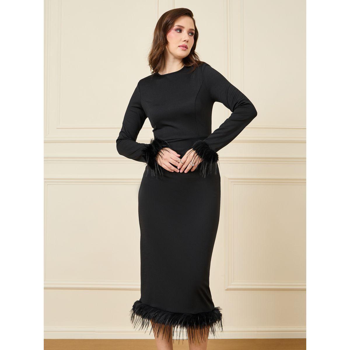 Styli Faux Feathered Hem Sheath Midi Dress-women-clothing-dresses-image-1