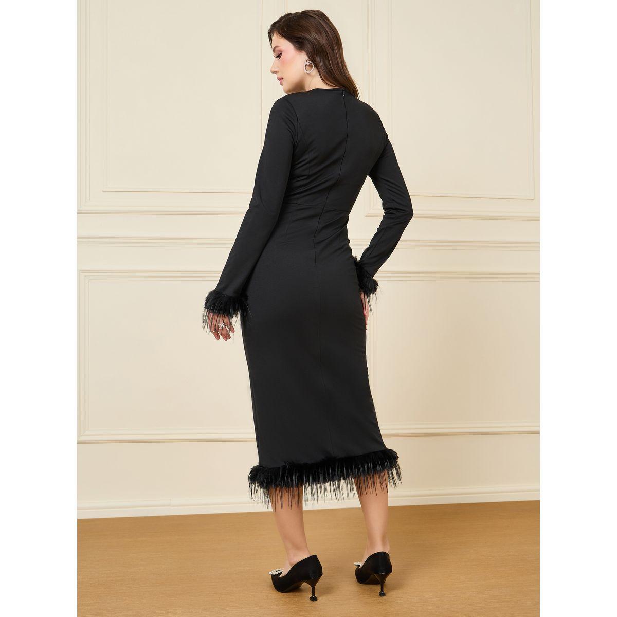 فستان ميدي بحافة بتفاصيل ريش صناعي-women-clothing-dresses-image-4