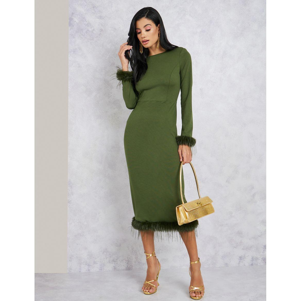 فستان ميدي بحافة مزينة بريش صناعي-women-clothing-dresses-image-1