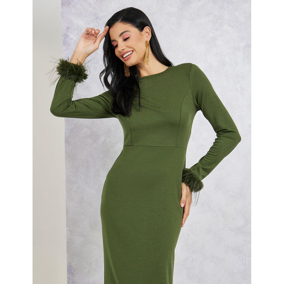 Styli Faux Feathered Hem Sheath Midi Dress-women-clothing-dresses-image-2