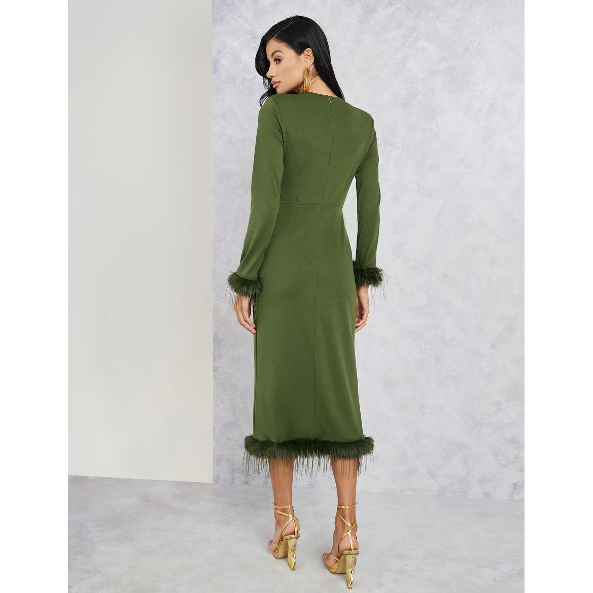 فستان ميدي بحافة مزينة بريش صناعي-women-clothing-dresses-image-4
