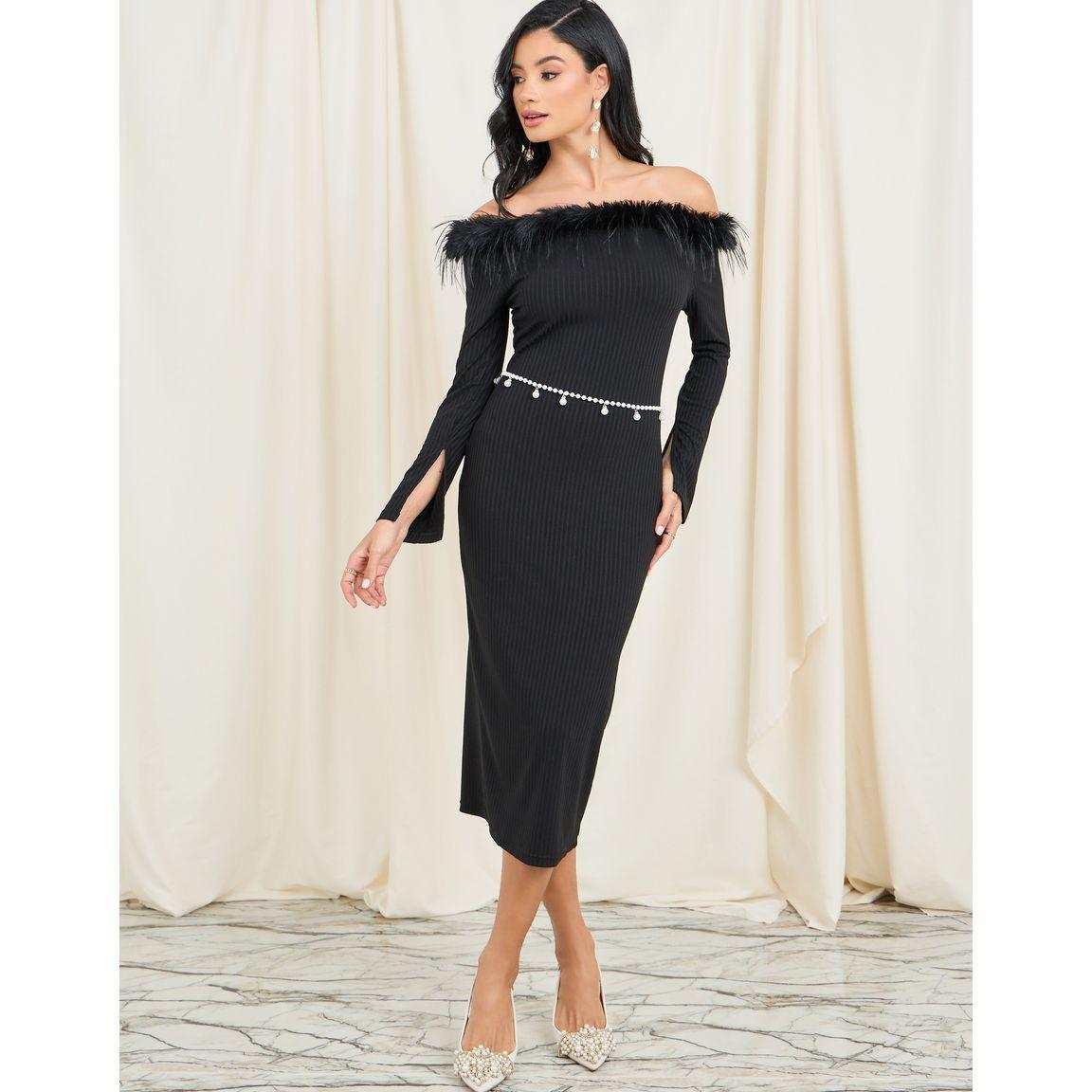 فستان ضيق مزين بفرو صناعي مع حزام-women-clothing-dresses-image-1