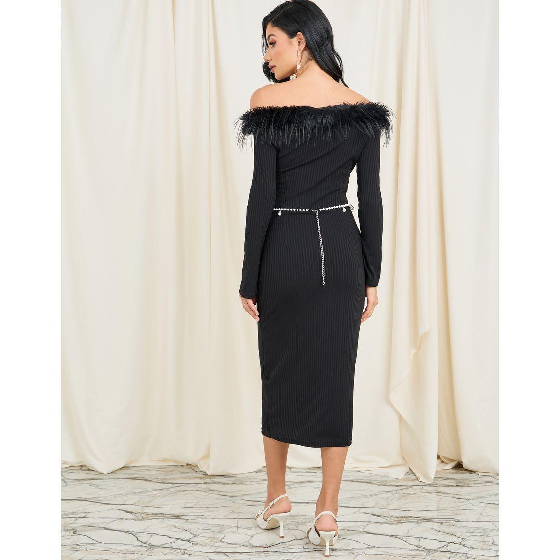 Styli Faux Fur Off Shoulder Bodycon Dress with Embellished Belt-women-clothing-dresses-image-4