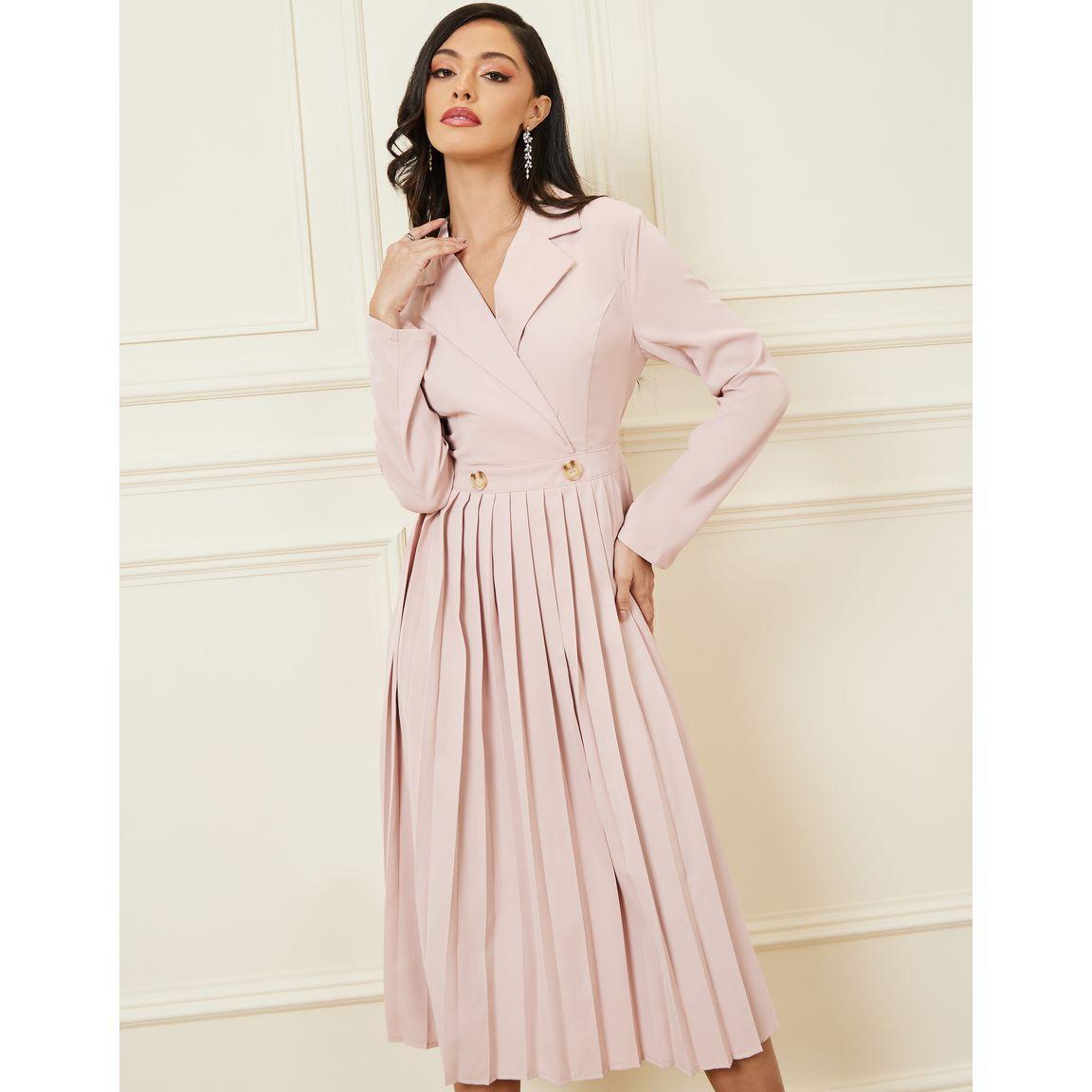 Styli Pleated  Notch Lapel Neck A-Line Midi Dress-women-clothing-dresses-image-1