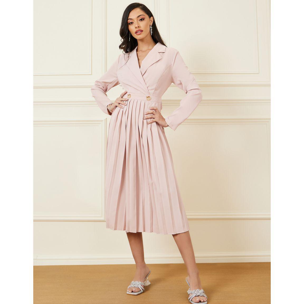 Styli Pleated  Notch Lapel Neck A-Line Midi Dress-women-clothing-dresses-image-2
