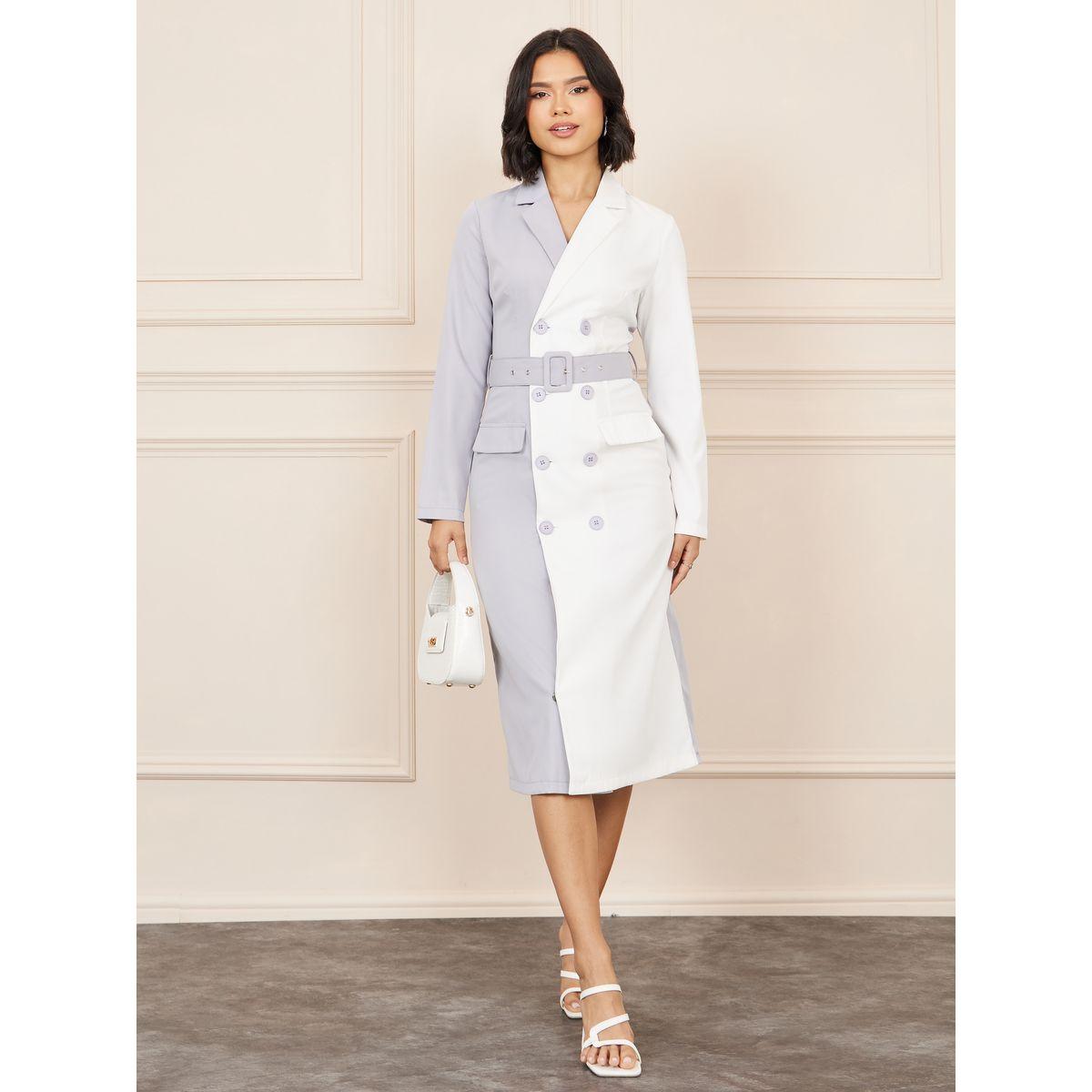 Styli Colorblock Flap Pocket Detail Belted Blazer Midi Dress-women-clothing-dresses-image-1