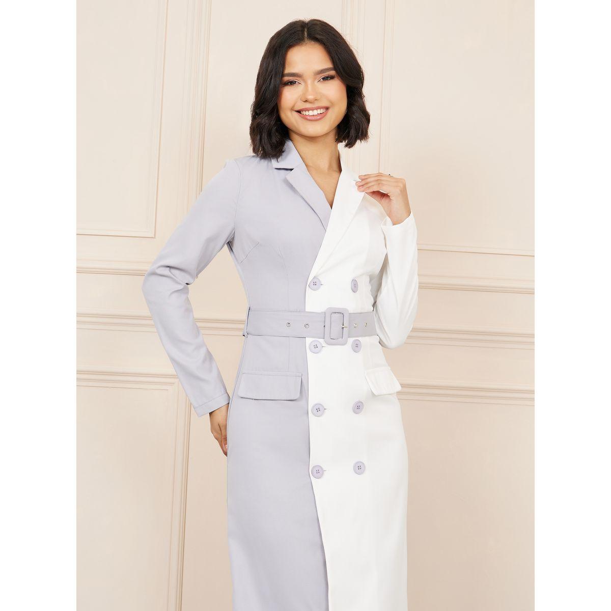 Styli Colorblock Flap Pocket Detail Belted Blazer Midi Dress-women-clothing-dresses-image-2