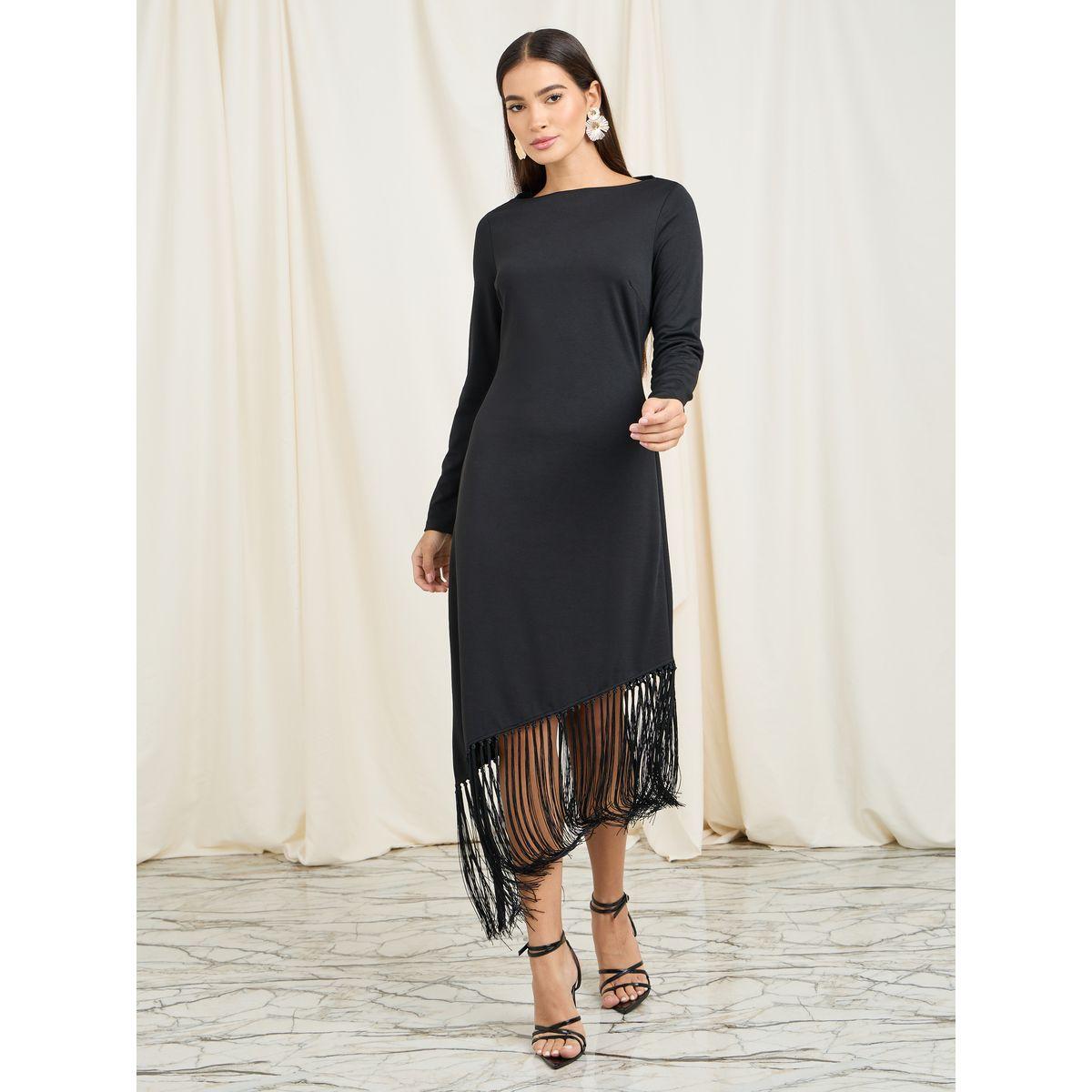 Styli Tassel Detail Asymmetric Hem Shift Dress-women-clothing-dresses-image-1