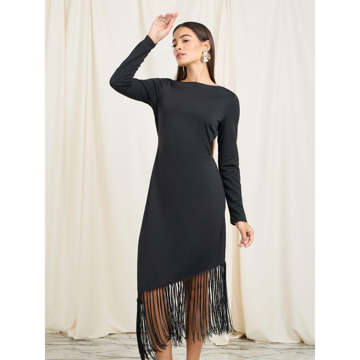 Styli Tassel Detail Asymmetric Hem Shift Dress-women-clothing-dresses-image-2