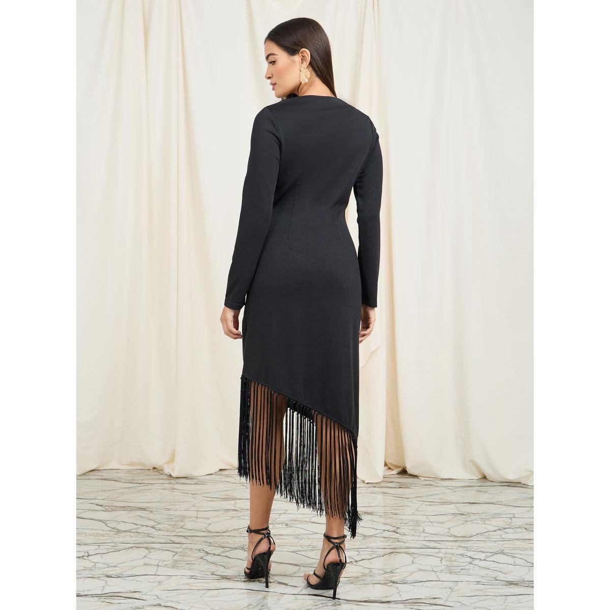 Styli Tassel Detail Asymmetric Hem Shift Dress-women-clothing-dresses-image-4