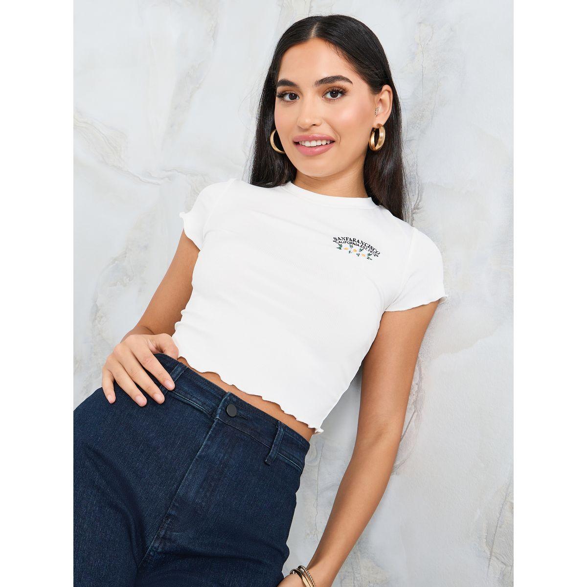Styli Embroidery Detail Ribbed Crop T-Shirt-women-clothing-tshirts-image-1