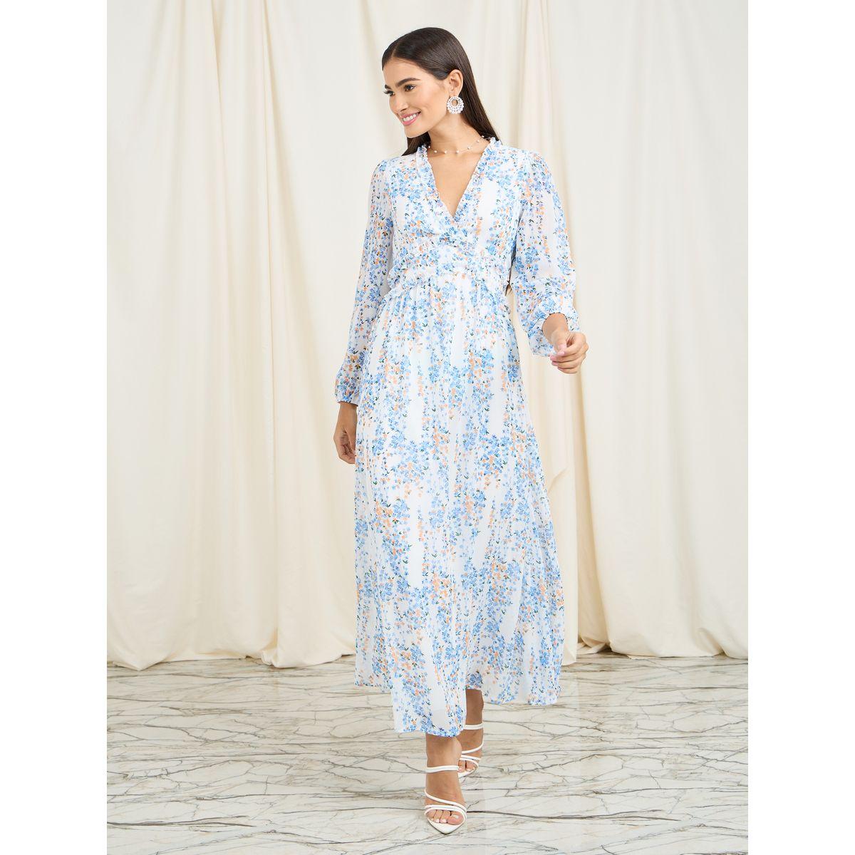 Styli Ruffle Detail Ditsy Floral Print A-Line Maxi Dress-women-clothing-dresses-image-1