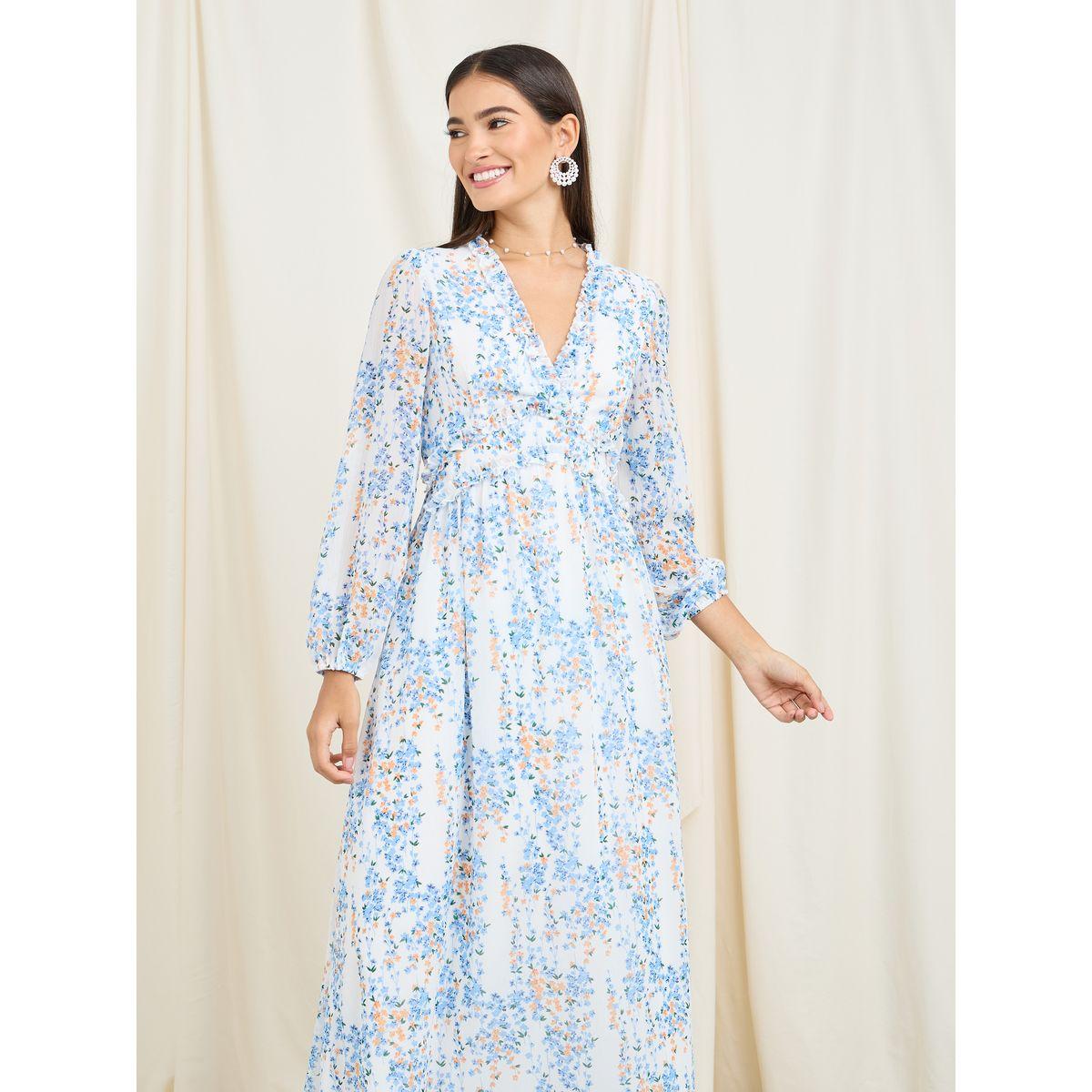 Styli Ruffle Detail Ditsy Floral Print A-Line Maxi Dress-women-clothing-dresses-image-2