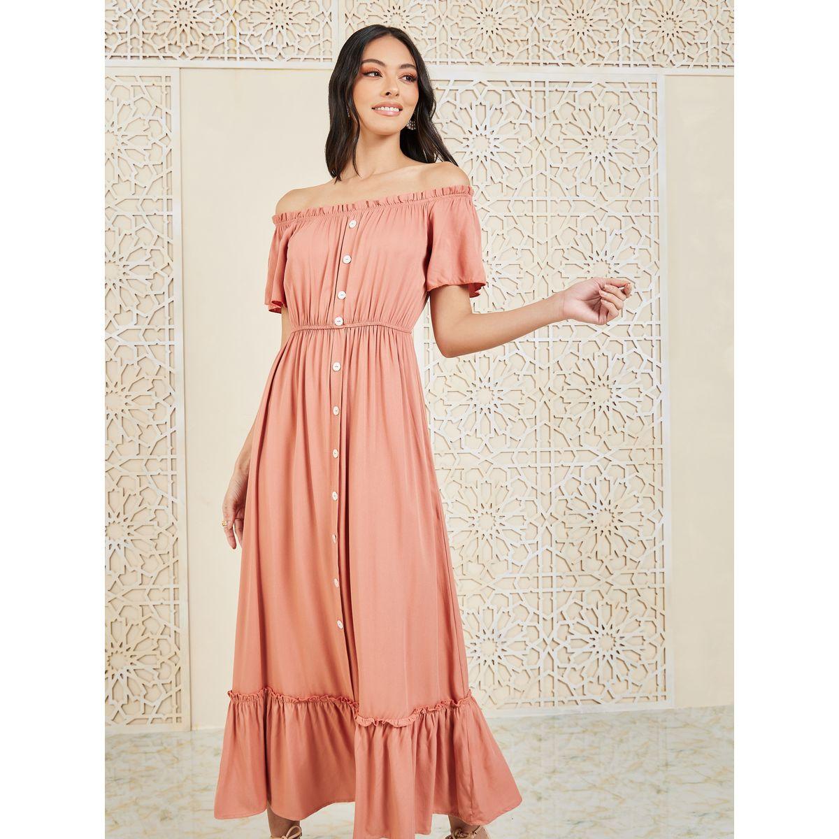 Styli Button Detail Off Shoulder Midi Dress-women-clothing-dresses-image-2