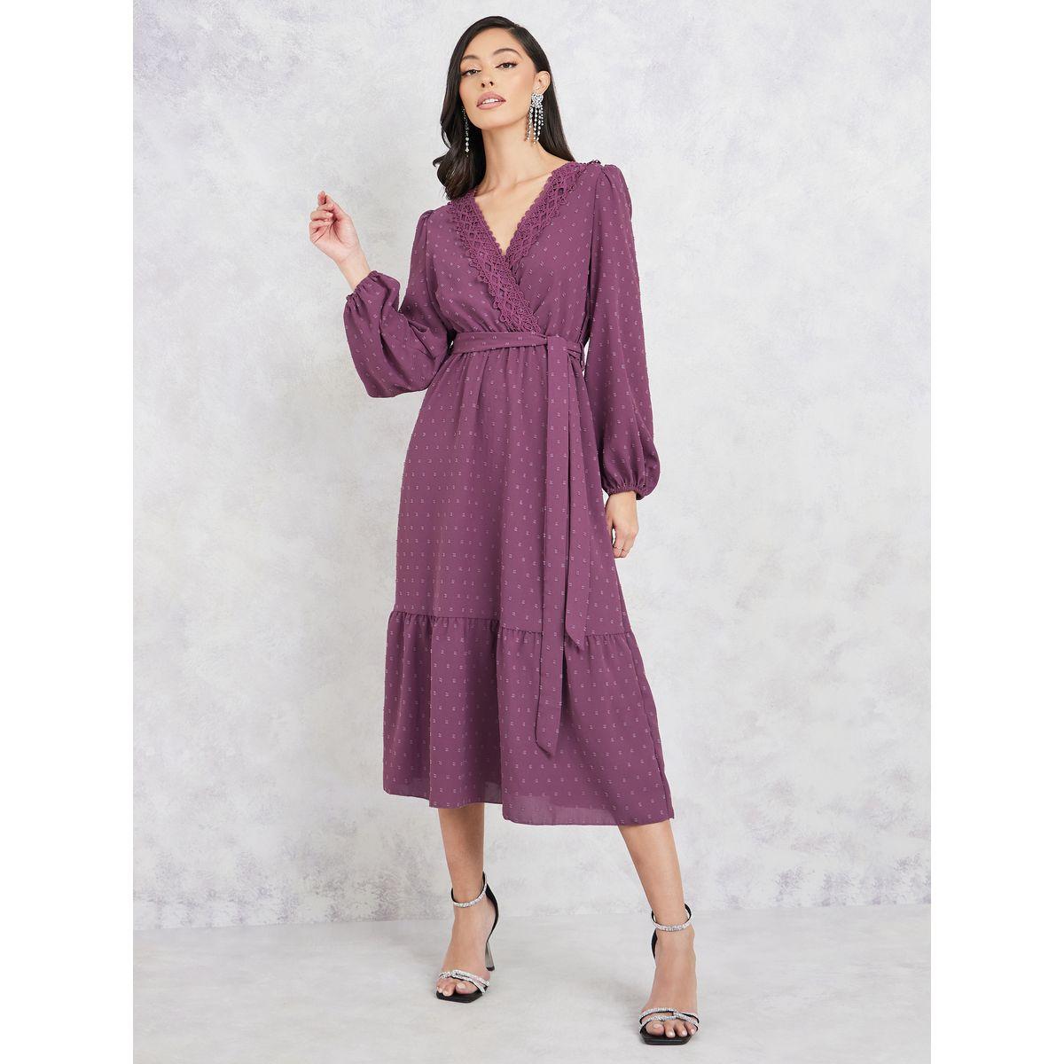 Styli Dobby Lace Detail Tiered Midi Dress with Tie Up Belt-women-clothing-dresses-image-1