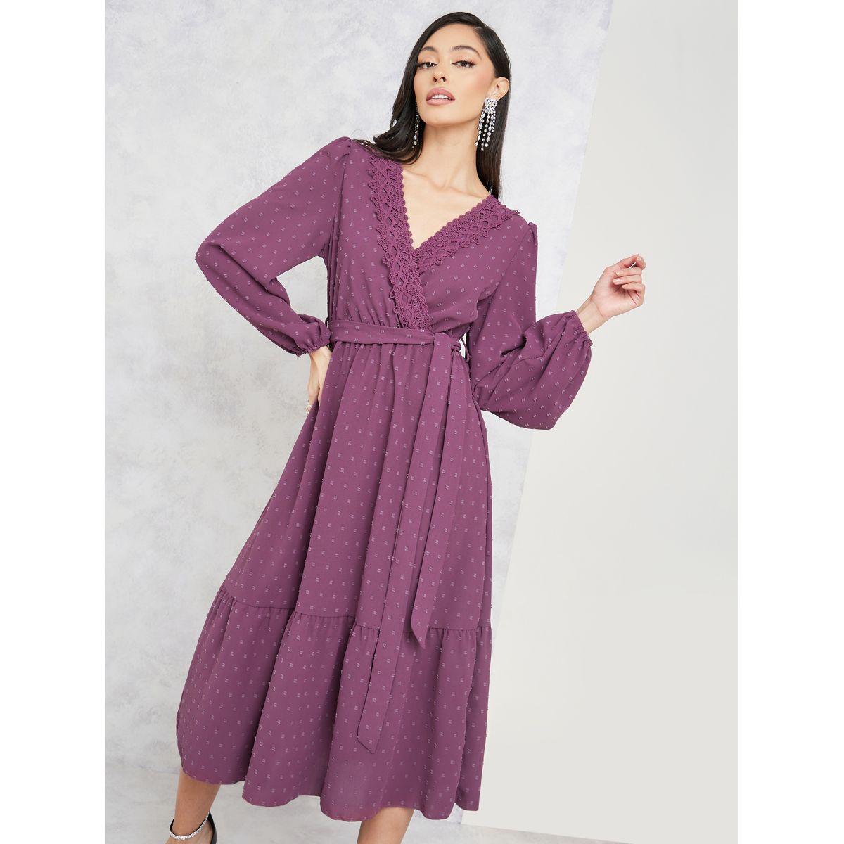 Styli Dobby Lace Detail Tiered Midi Dress with Tie Up Belt-women-clothing-dresses-image-2