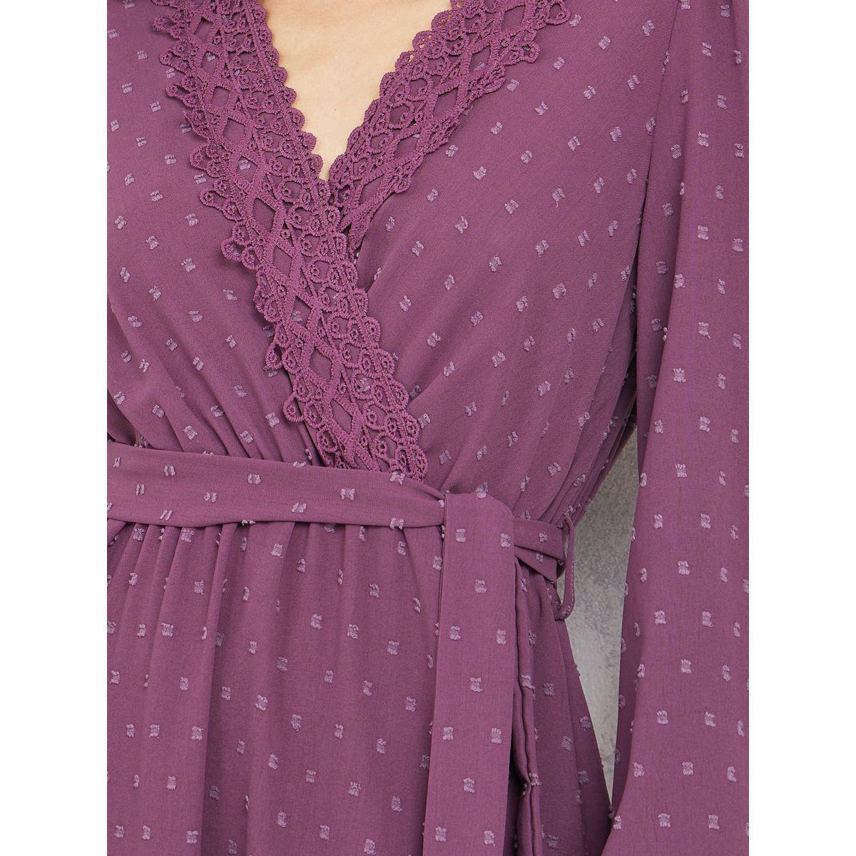 Styli Dobby Lace Detail Tiered Midi Dress with Tie Up Belt-women-clothing-dresses-image-3