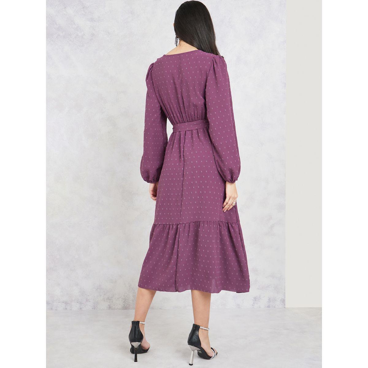 Styli Dobby Lace Detail Tiered Midi Dress with Tie Up Belt-women-clothing-dresses-image-4