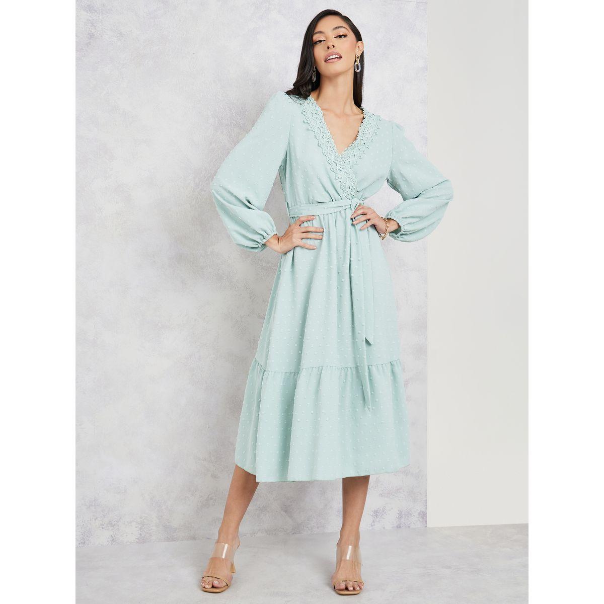 Styli Dobby Lace Detail Tiered Midi Dress with Tie Up Belt-women-clothing-dresses-image-1