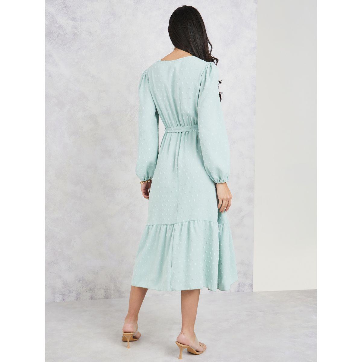 Styli Dobby Lace Detail Tiered Midi Dress with Tie Up Belt-women-clothing-dresses-image-4