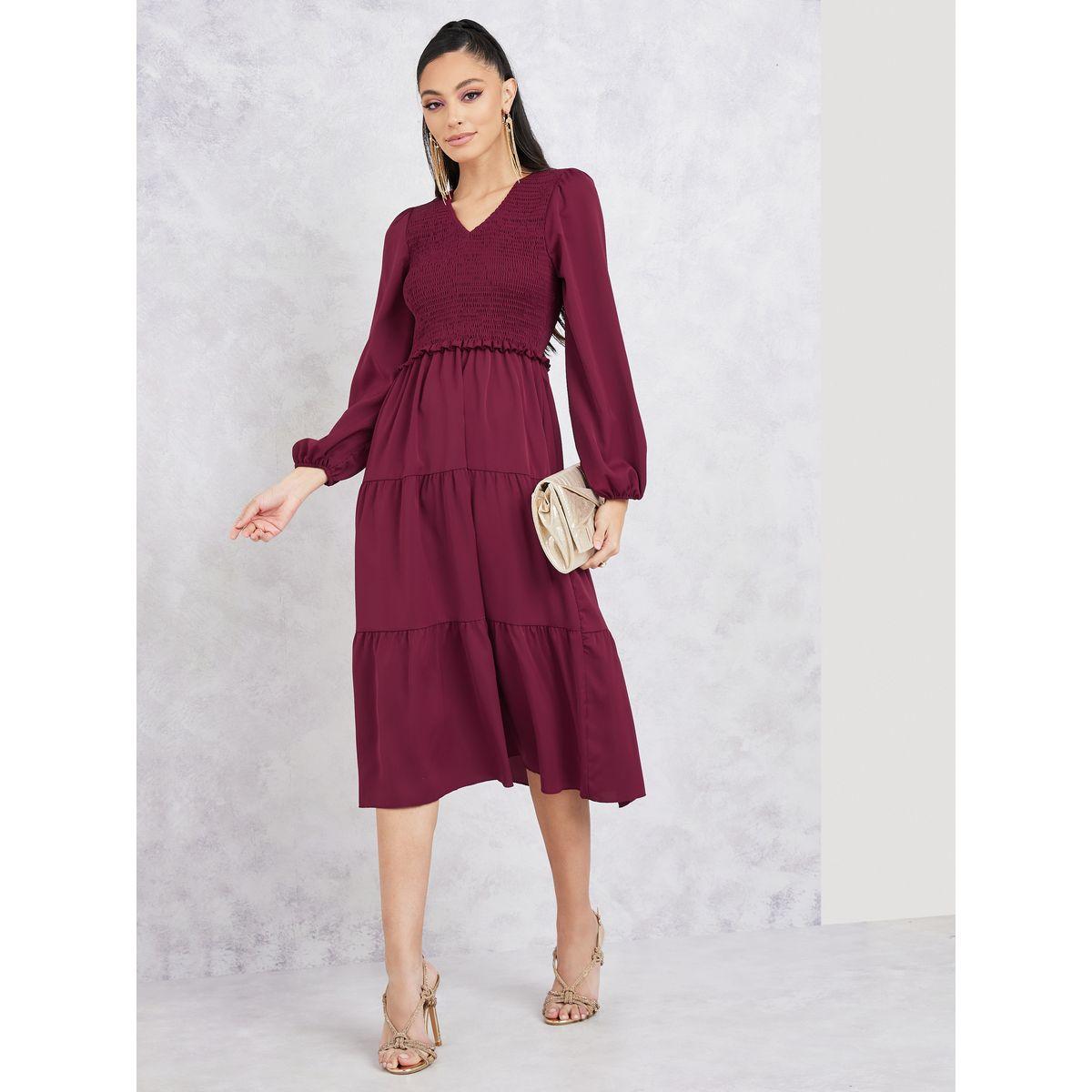 Styli Smocked Detail Tiered Midi Dress-women-clothing-dresses-image-1