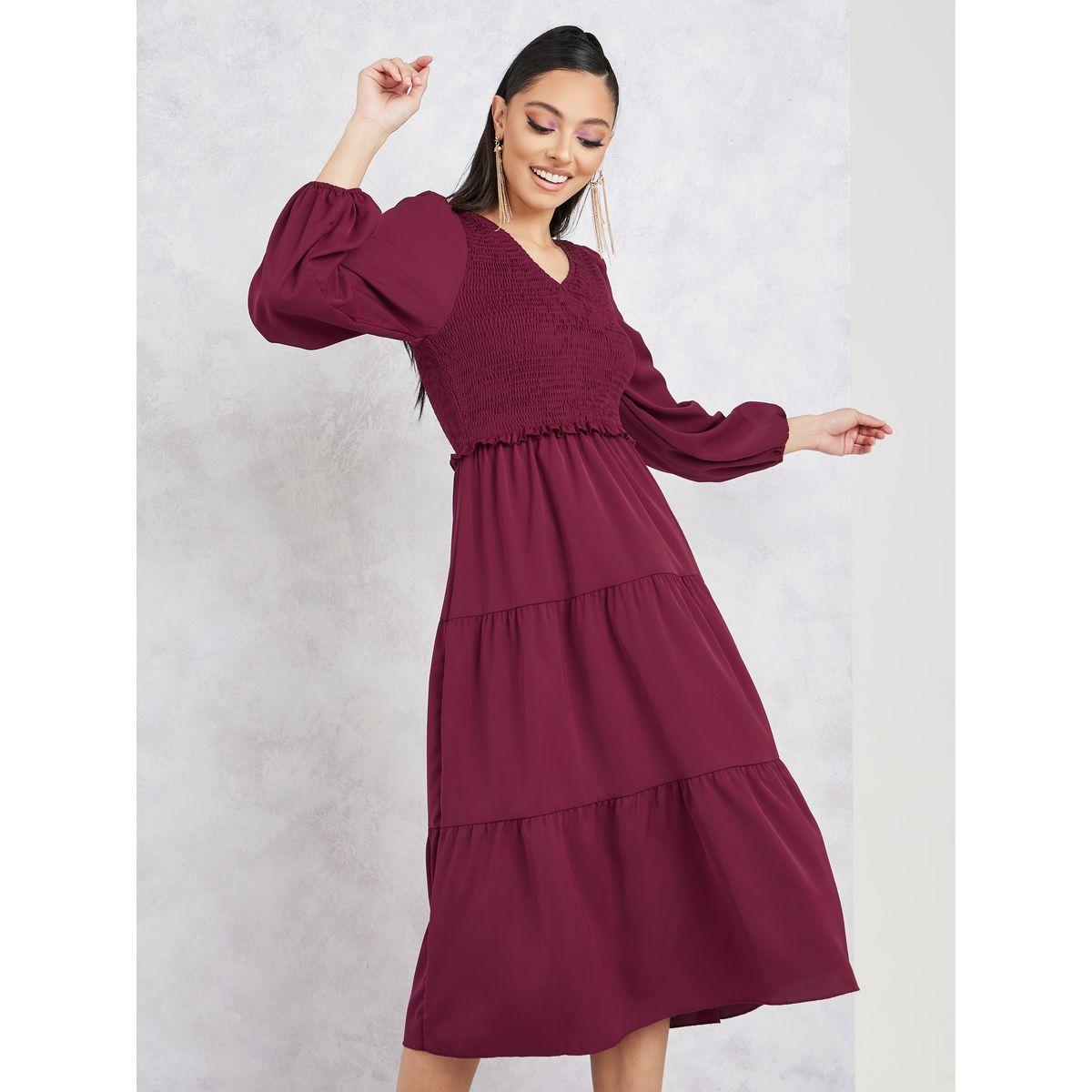 Styli Smocked Detail Tiered Midi Dress-women-clothing-dresses-image-2