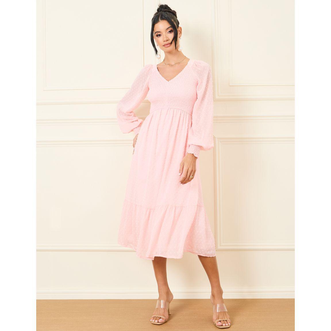 Styli Dobby Smocked A-Line Midi Dress with Cuff Sleeves-women-clothing-dresses-image-1