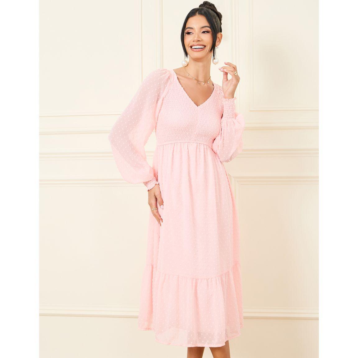 Styli Dobby Smocked A-Line Midi Dress with Cuff Sleeves-women-clothing-dresses-image-2