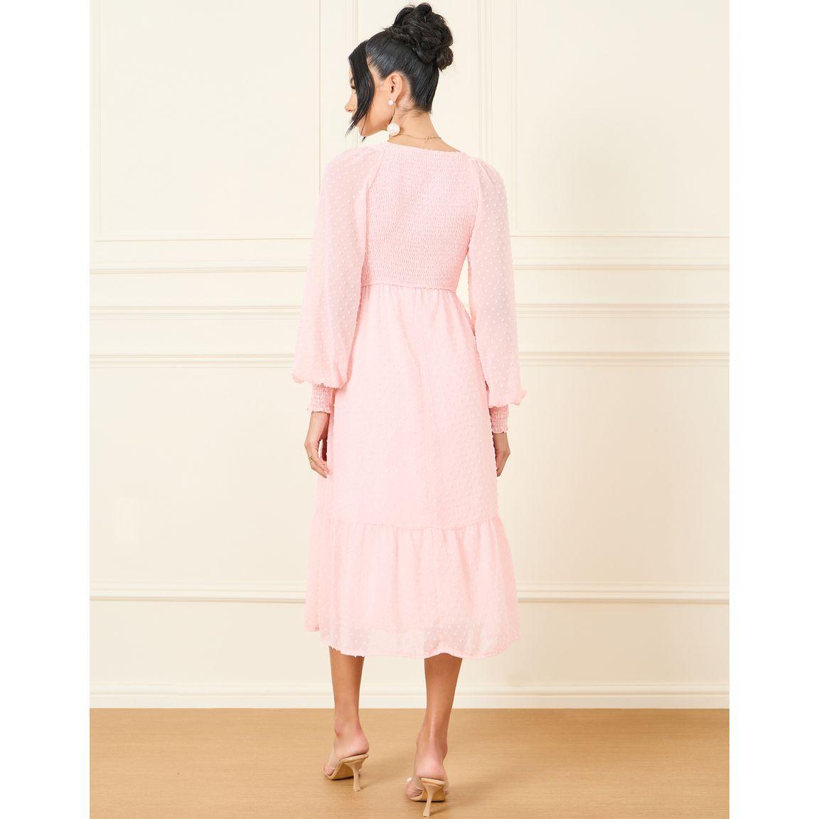Styli Dobby Smocked A-Line Midi Dress with Cuff Sleeves-women-clothing-dresses-image-4