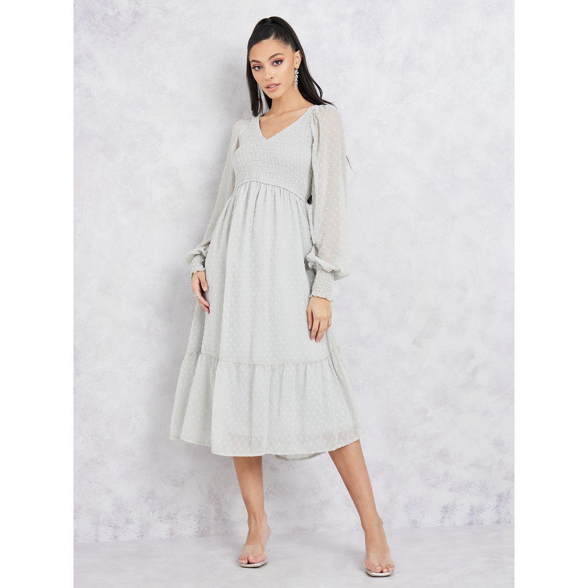 Styli Dobby Smocked A-Line Midi Dress with Cuff Sleeves-women-clothing-dresses-image-1