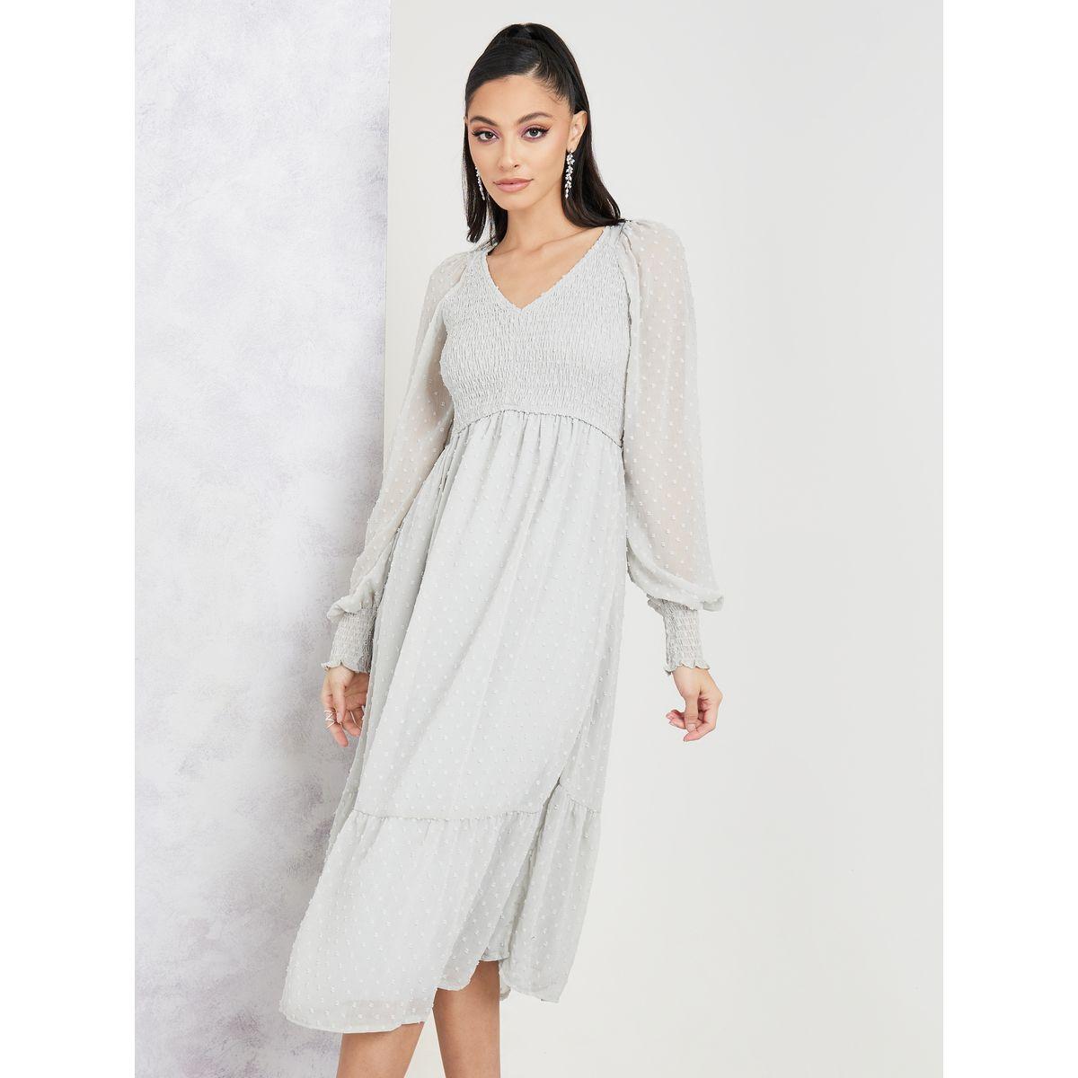 Styli Dobby Smocked A-Line Midi Dress with Cuff Sleeves-women-clothing-dresses-image-2