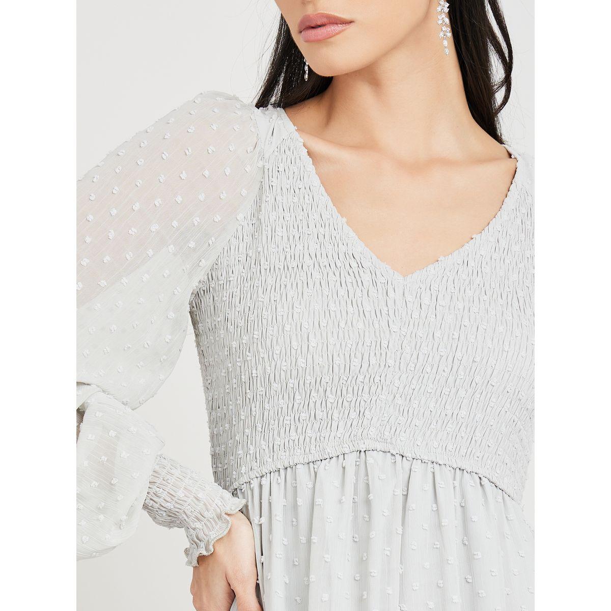 Styli Dobby Smocked A-Line Midi Dress with Cuff Sleeves-women-clothing-dresses-image-3