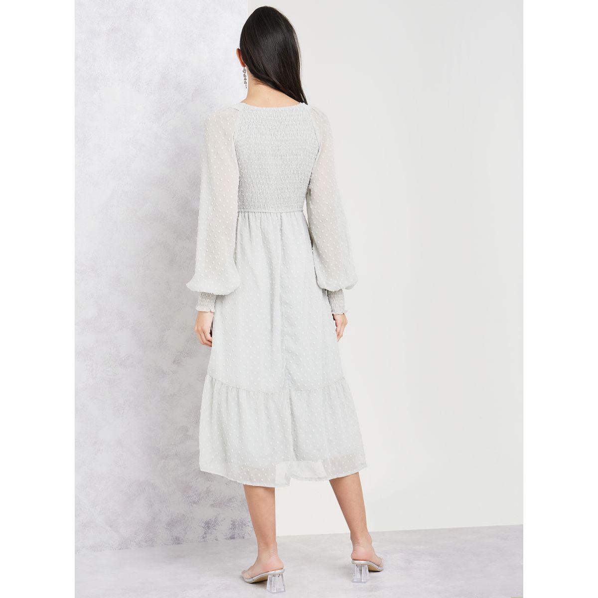 Styli Dobby Smocked A-Line Midi Dress with Cuff Sleeves-women-clothing-dresses-image-4