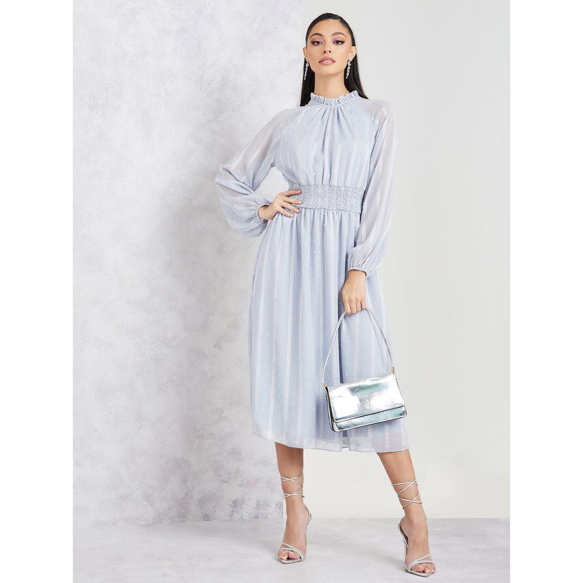 Styli Self Design Volume Sleeve A-Line Midi Dress-women-clothing-dresses-image-1