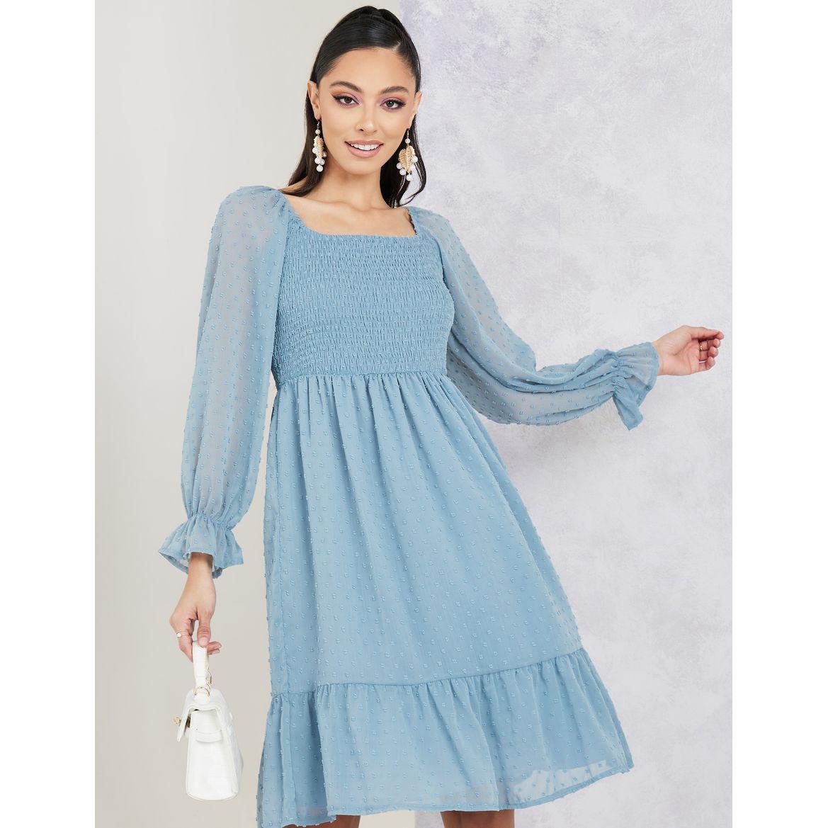 Styli Smocked Knee Length Dress with Long Sleeves-women-clothing-dresses-image-1