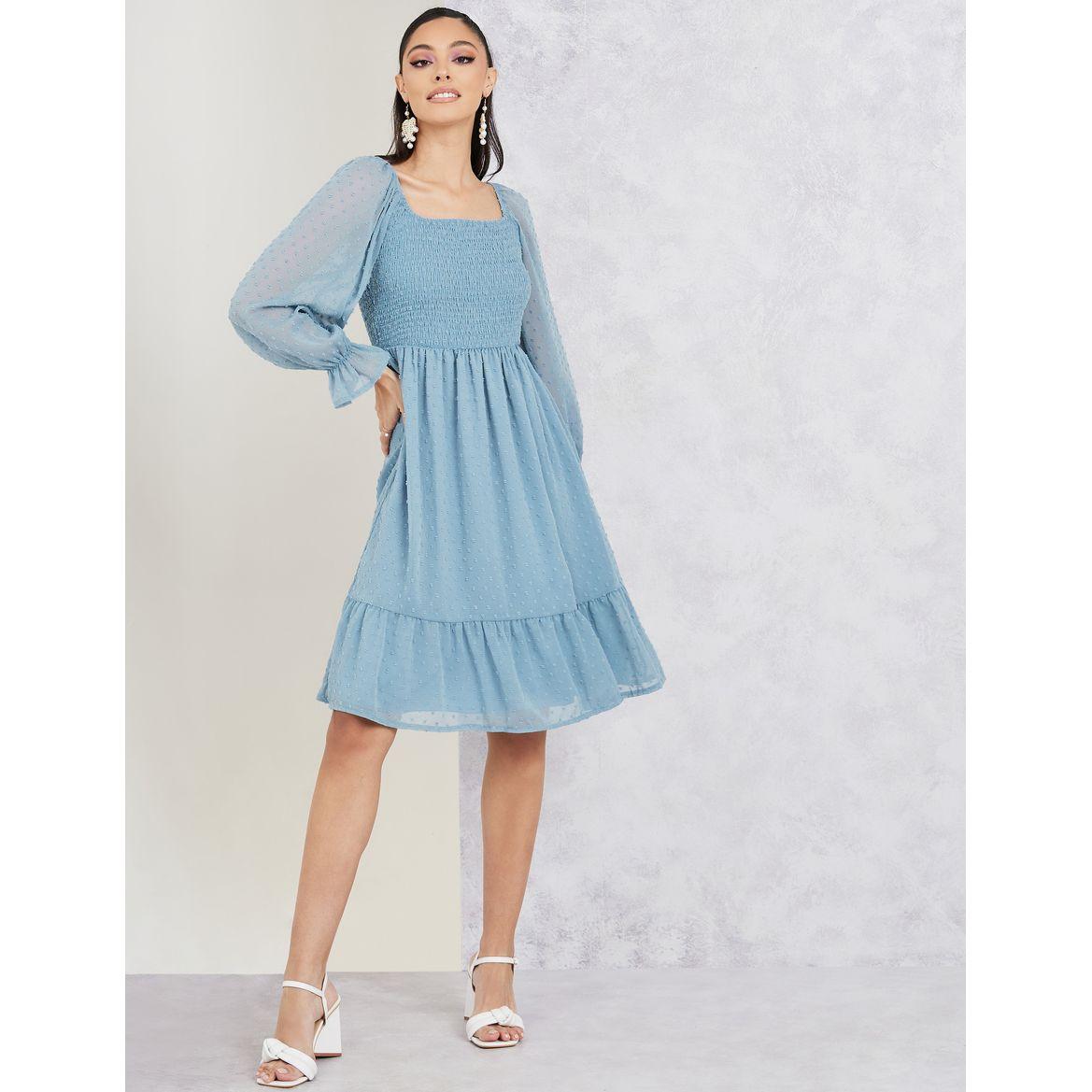 Styli Smocked Knee Length Dress with Long Sleeves-women-clothing-dresses-image-2