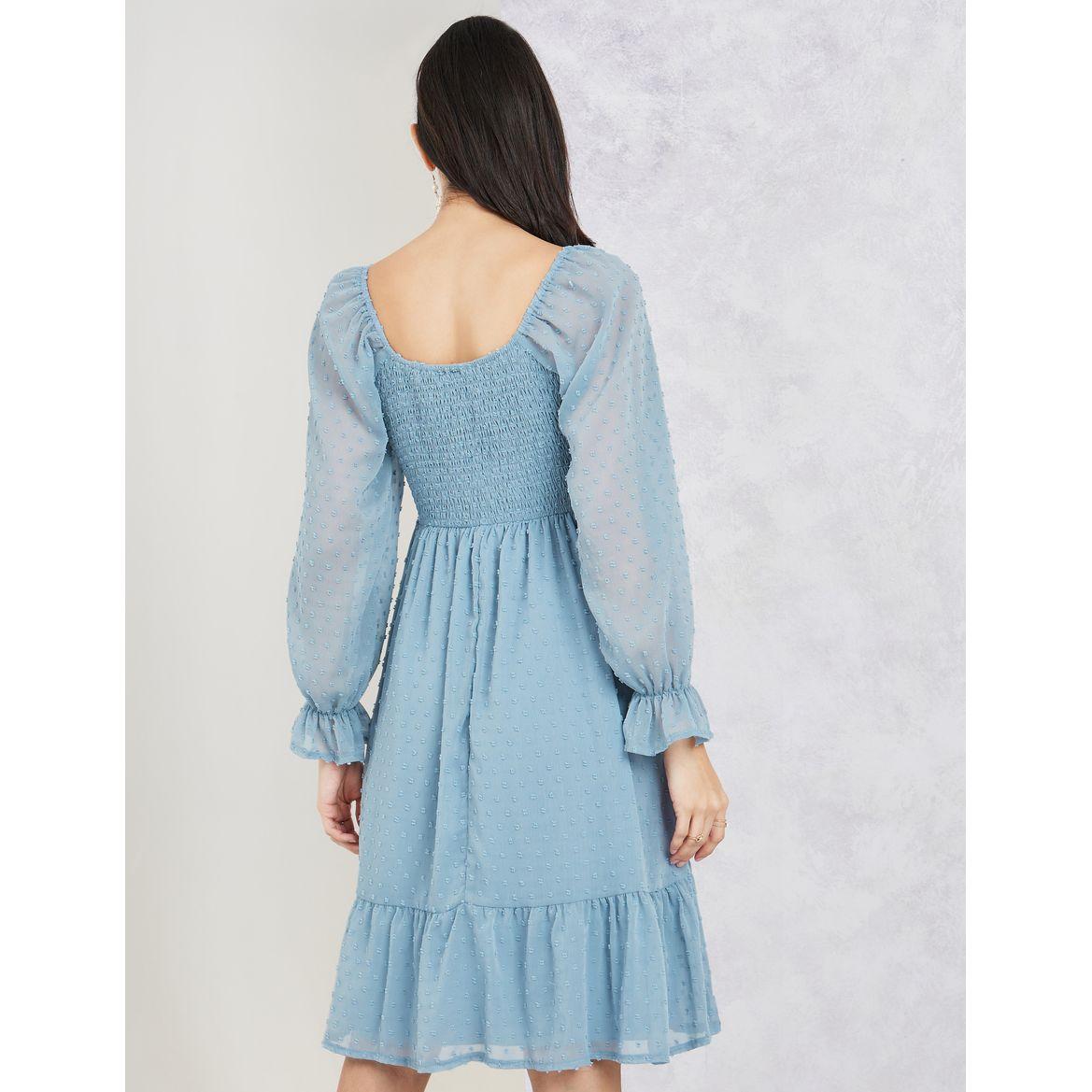 Styli Smocked Knee Length Dress with Long Sleeves-women-clothing-dresses-image-4