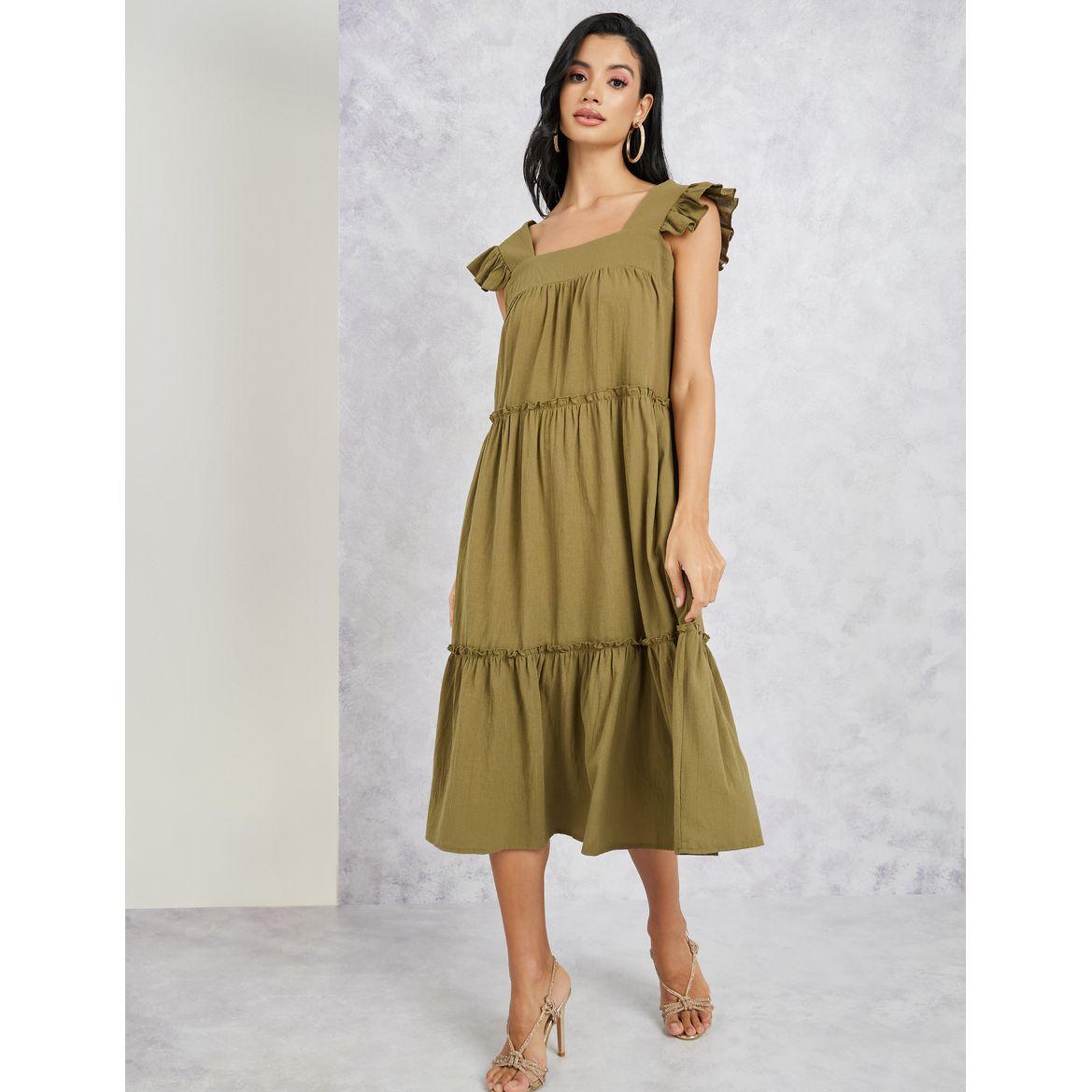 Styli Solid Tiered Midi Dress with Pocket Detail-women-clothing-dresses-image-2