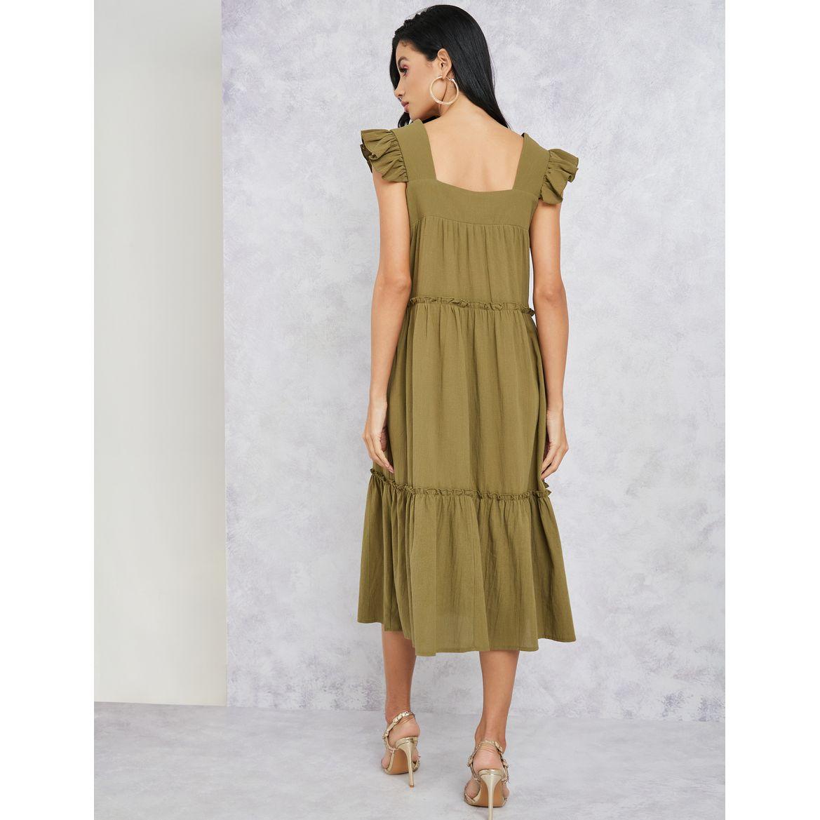 Styli Solid Tiered Midi Dress with Pocket Detail-women-clothing-dresses-image-4