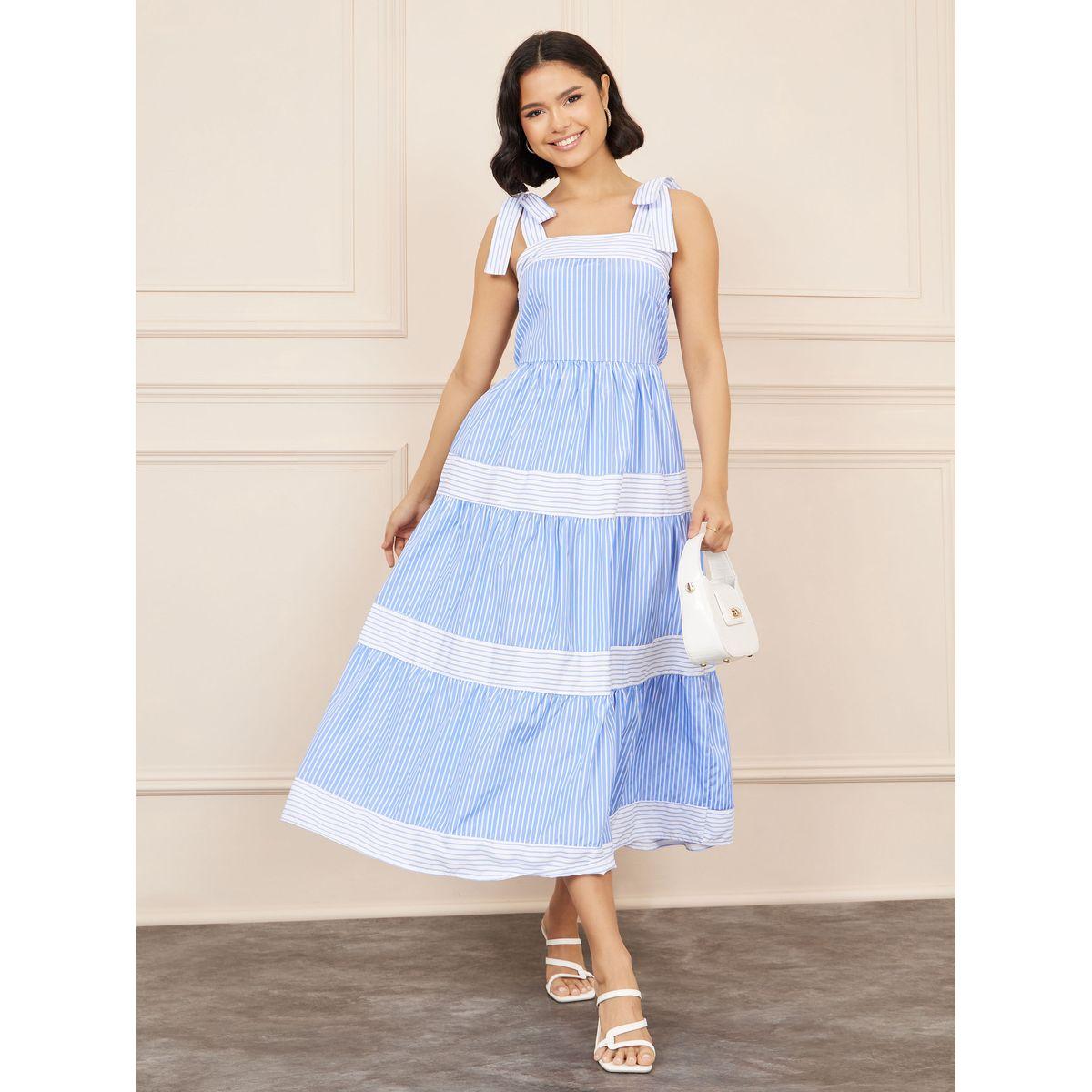 Styli Striped Tie Sleeves Tiered Midi Dress-women-clothing-dresses-image-1