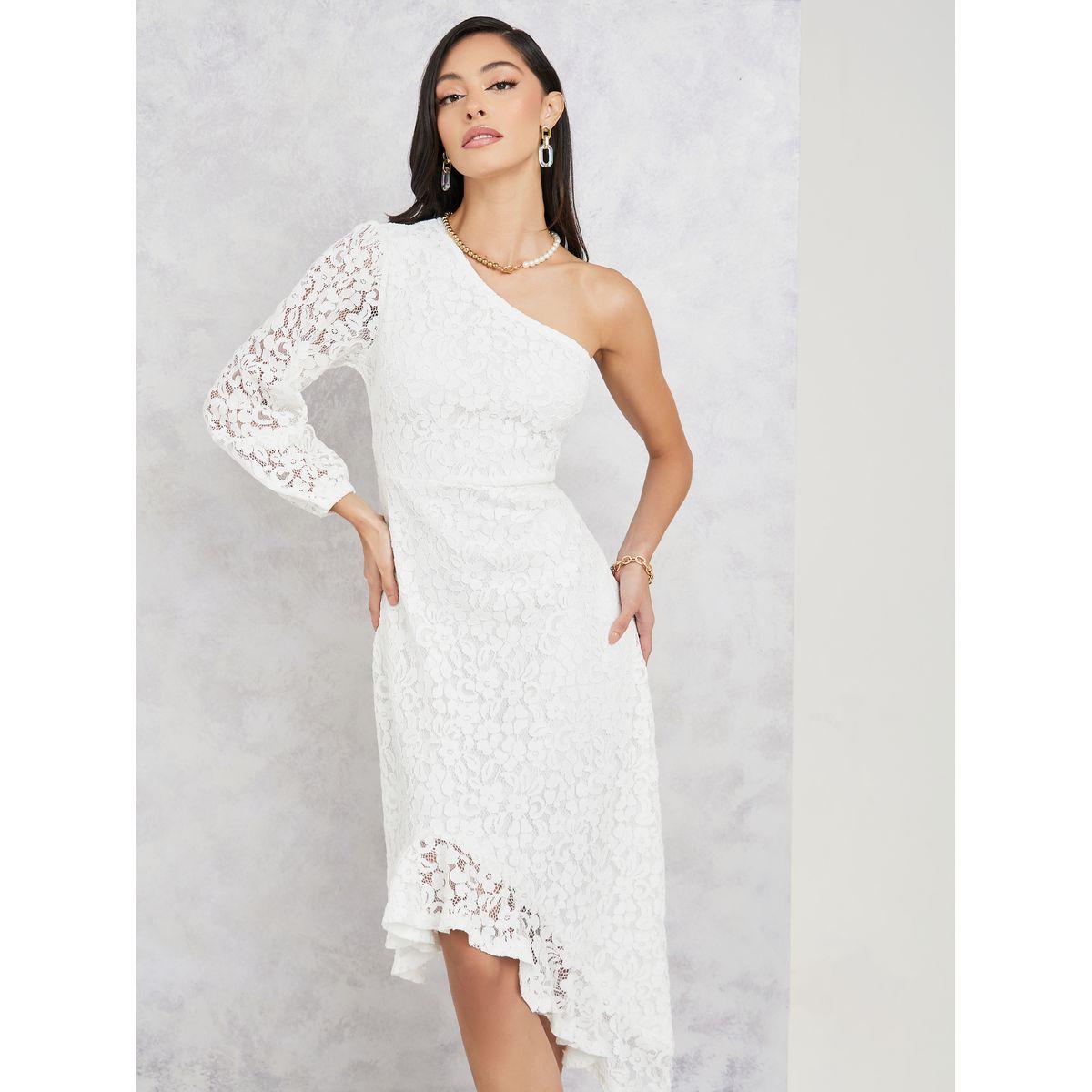 Styli All Over Lace One Shoulder Sleeves Asymmetric Hem A-Line Midi Dress-women-clothing-dresses-image-1