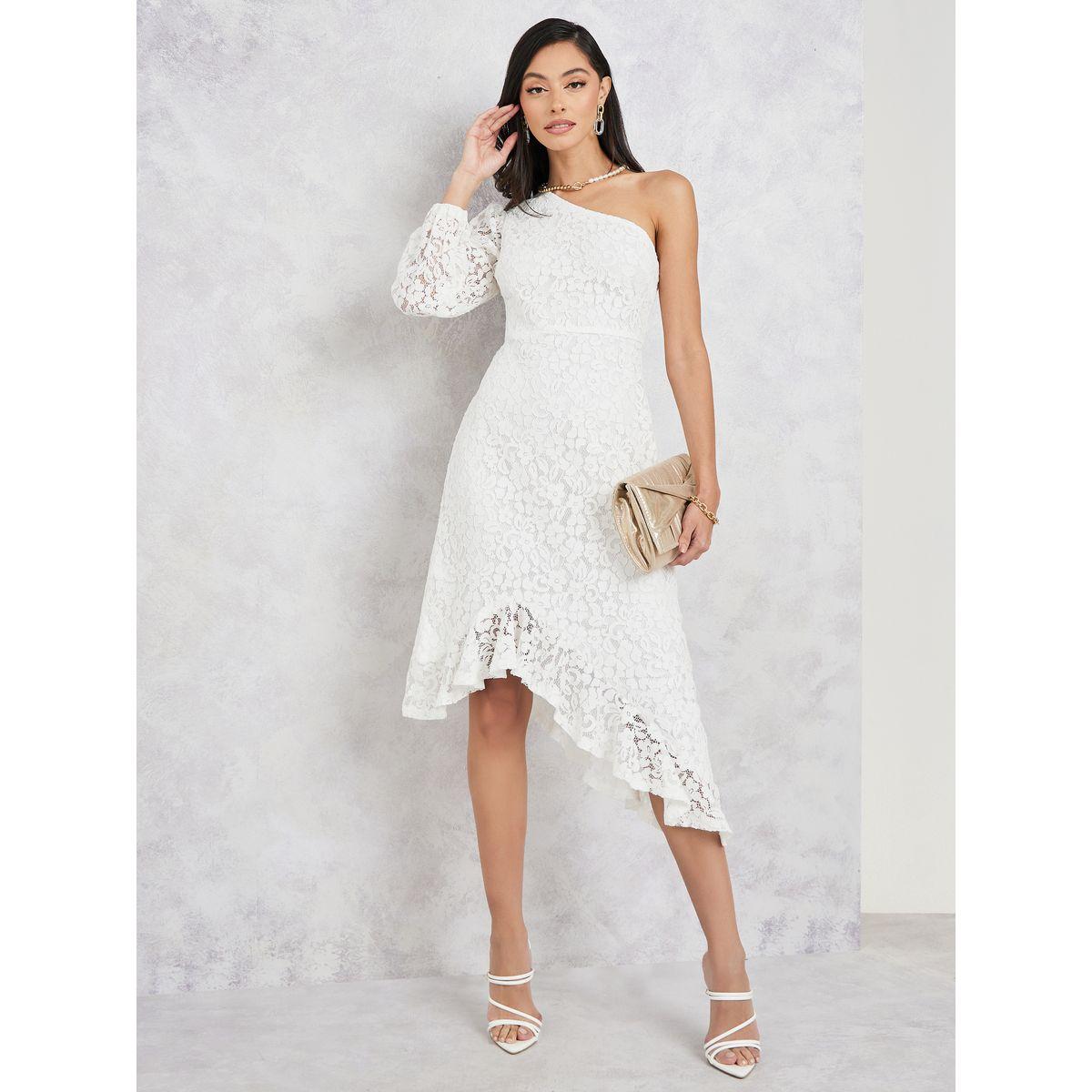 Styli All Over Lace One Shoulder Sleeves Asymmetric Hem A-Line Midi Dress-women-clothing-dresses-image-2