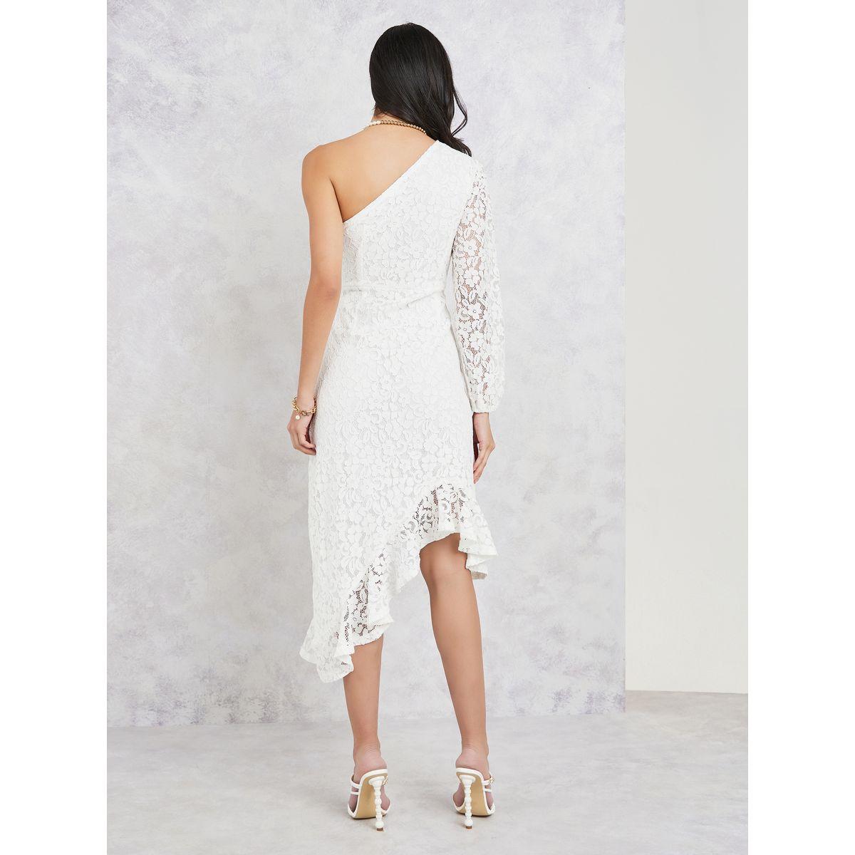 Styli All Over Lace One Shoulder Sleeves Asymmetric Hem A-Line Midi Dress-women-clothing-dresses-image-4