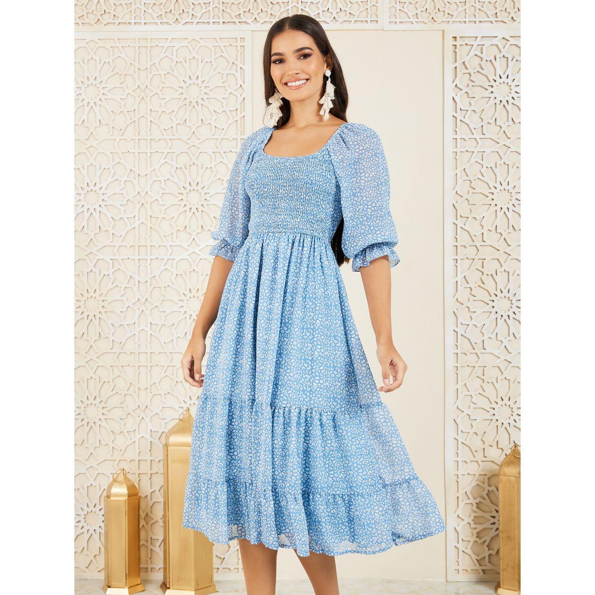 Styli Smocked Detail Ditsy Print Tiered Midi Dress-women-clothing-dresses-image-2