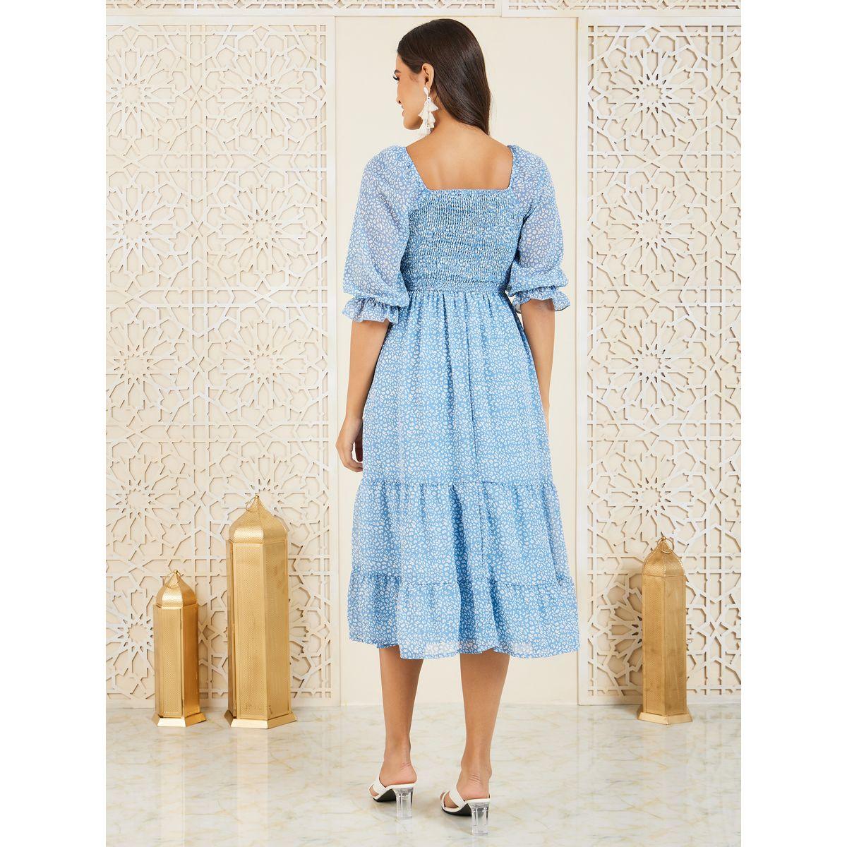 Styli Smocked Detail Ditsy Print Tiered Midi Dress-women-clothing-dresses-image-4