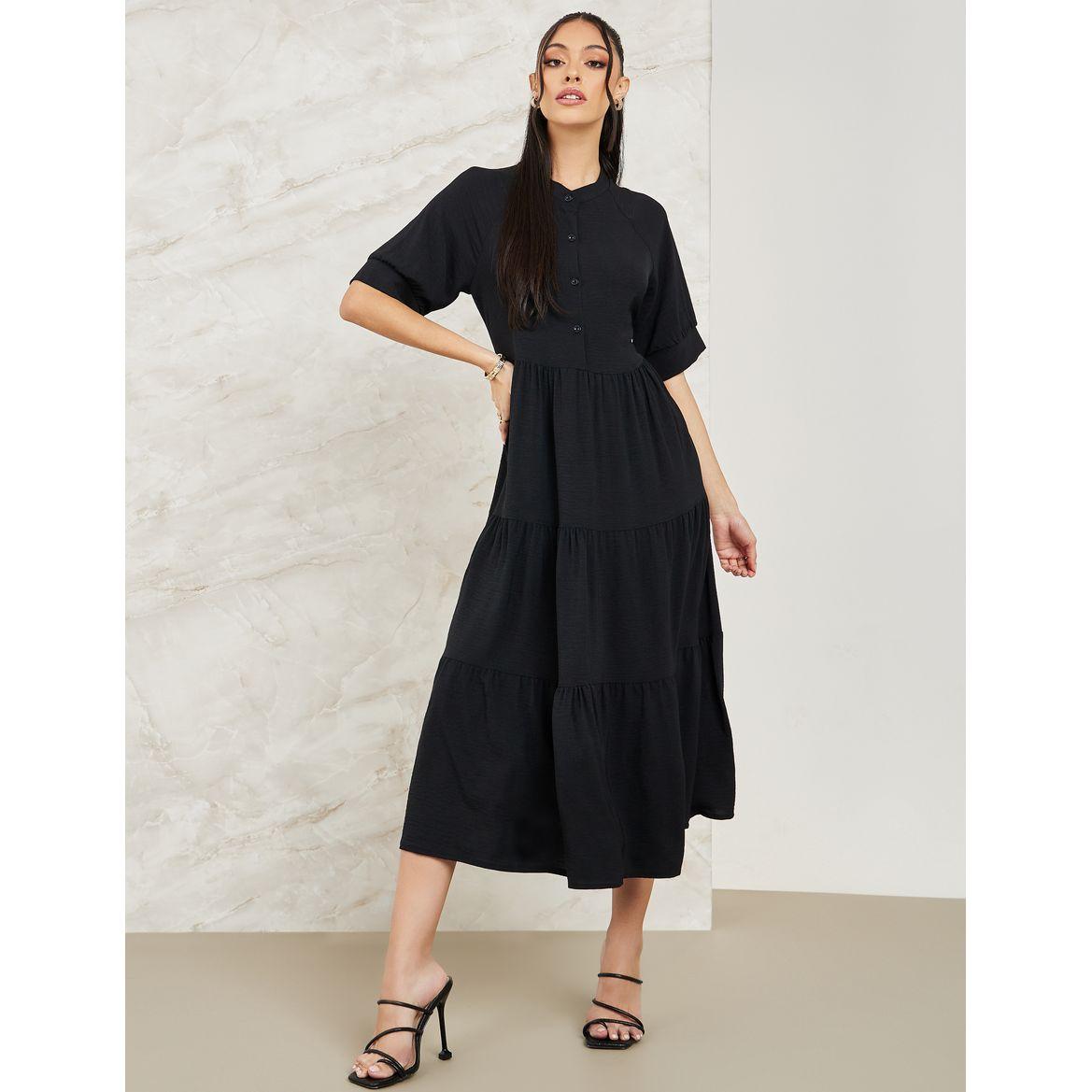 Styli Solid Tiered Midi Dress with Buttons-women-clothing-dresses-image-1
