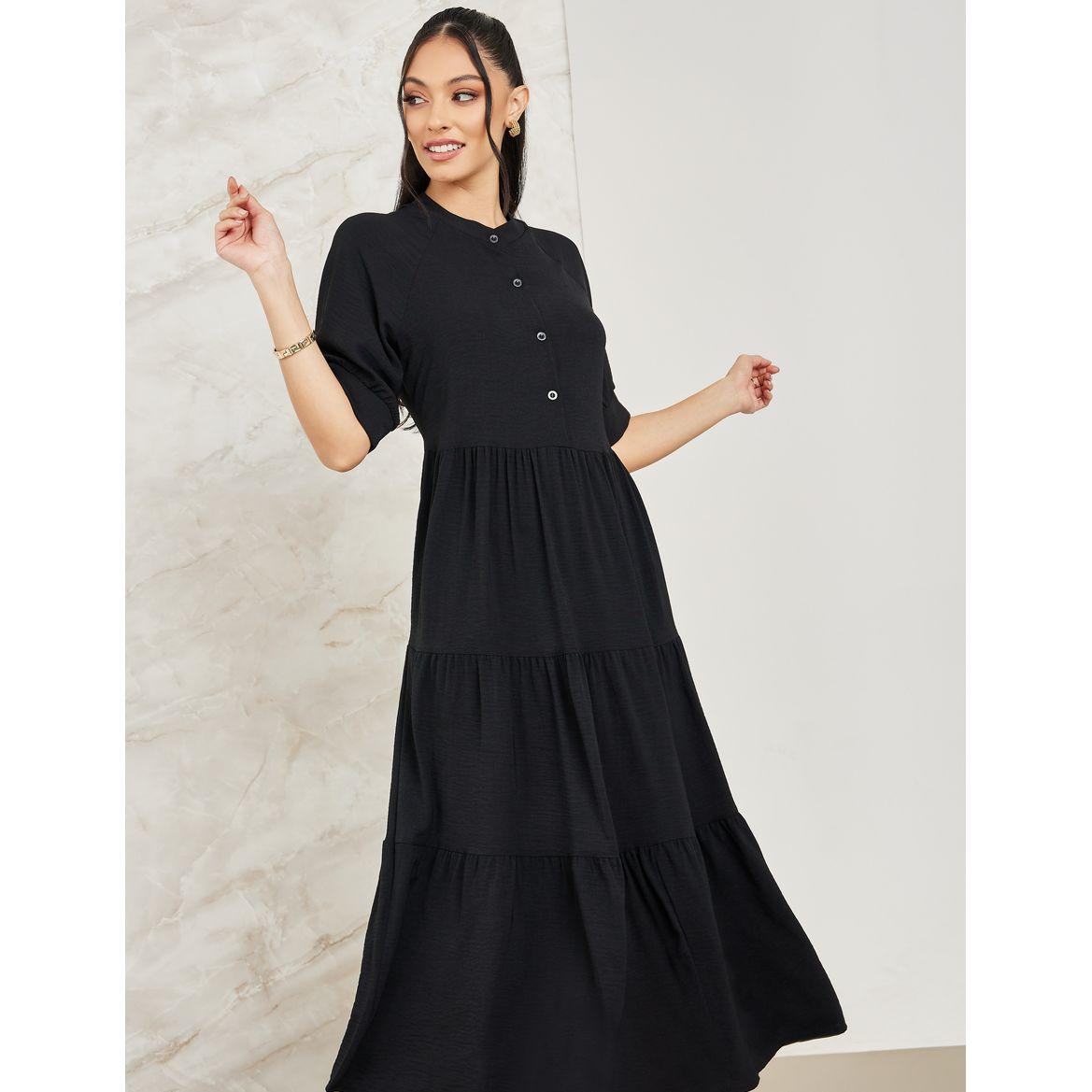 Styli Solid Tiered Midi Dress with Buttons-women-clothing-dresses-image-2