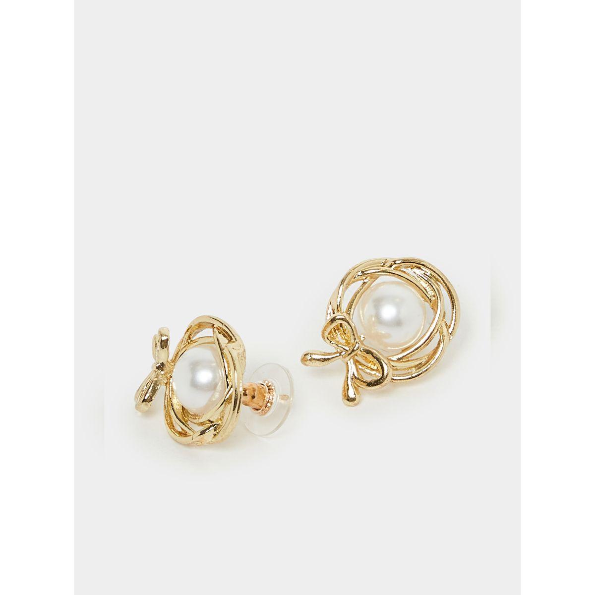 Styli Pearl Flora Bow Metal Detail Earrings-women-watchesandjewellery-jewellery-earrings-image-2